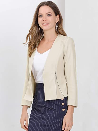 Women's Crop Collarless Blazers Suit Zip Decor Work Office Jackets Blazer