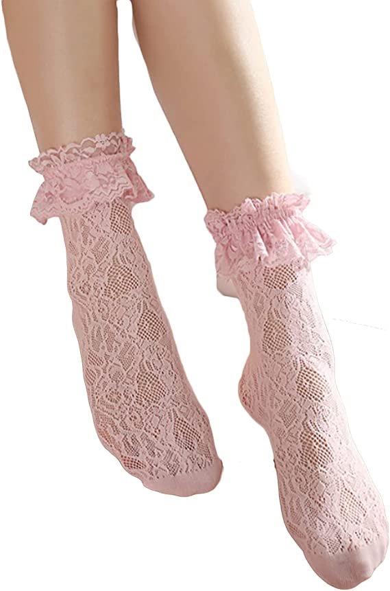 Womens Lace Ruffle Anklet Socks Thigh High Loose Stocking Lace Trim Frilly Socks (1 Pairs)
